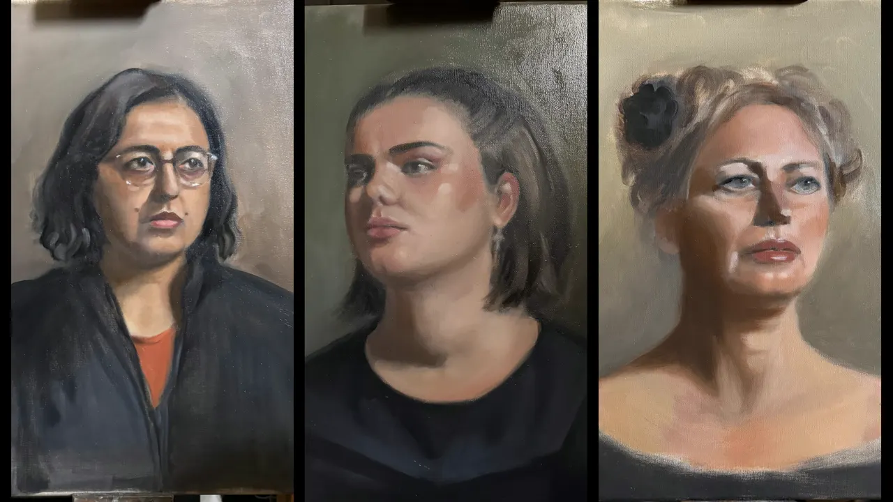Three finished oil portraits by Britt Beale, side by side