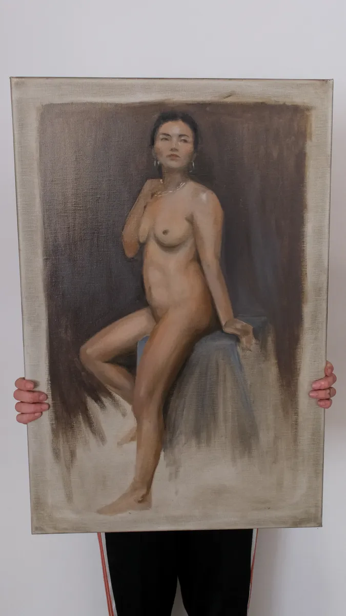 Oil figure painting of a nude with one knee raised, held up by Britt Beale